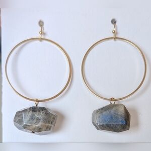 Anthropologie Labradorite Gold Plated Hoop Earrings Boho Gemstone Drop